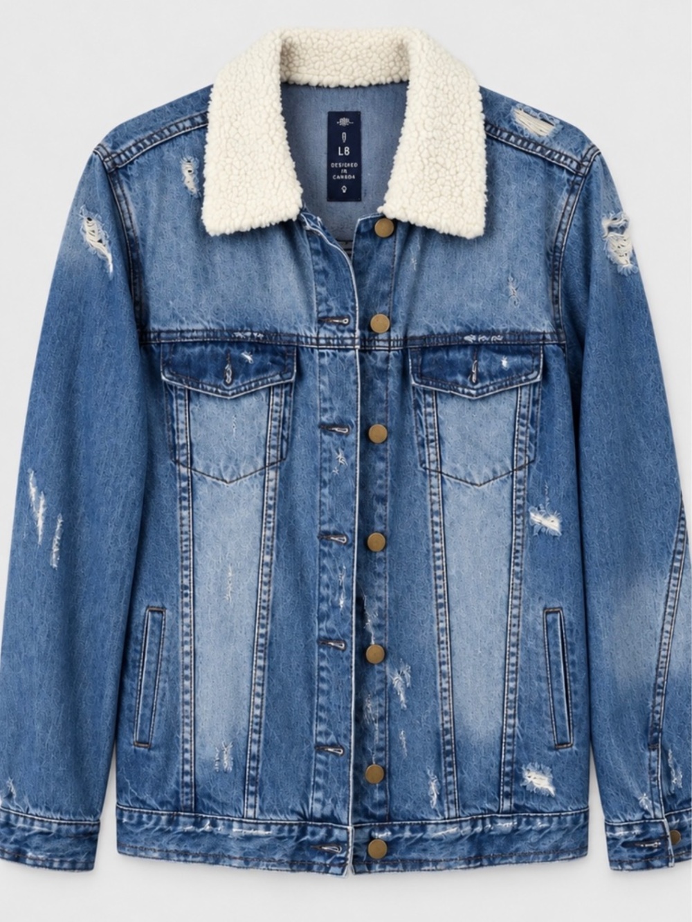 Design Lab Lord & Taylor Distressed Denim Sherpa Collar Trucker Jacket Womens M